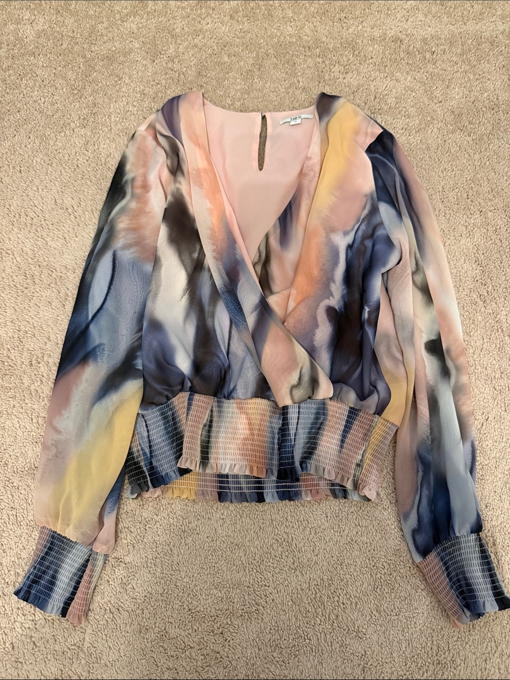 Bar III Pastel Watercolor Wrap Blouse in Pink, Blue & Yellow